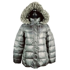 DKNY Down Filled Puffer Jacket With Hood Womens Sz Small Green Faux Fur Winter